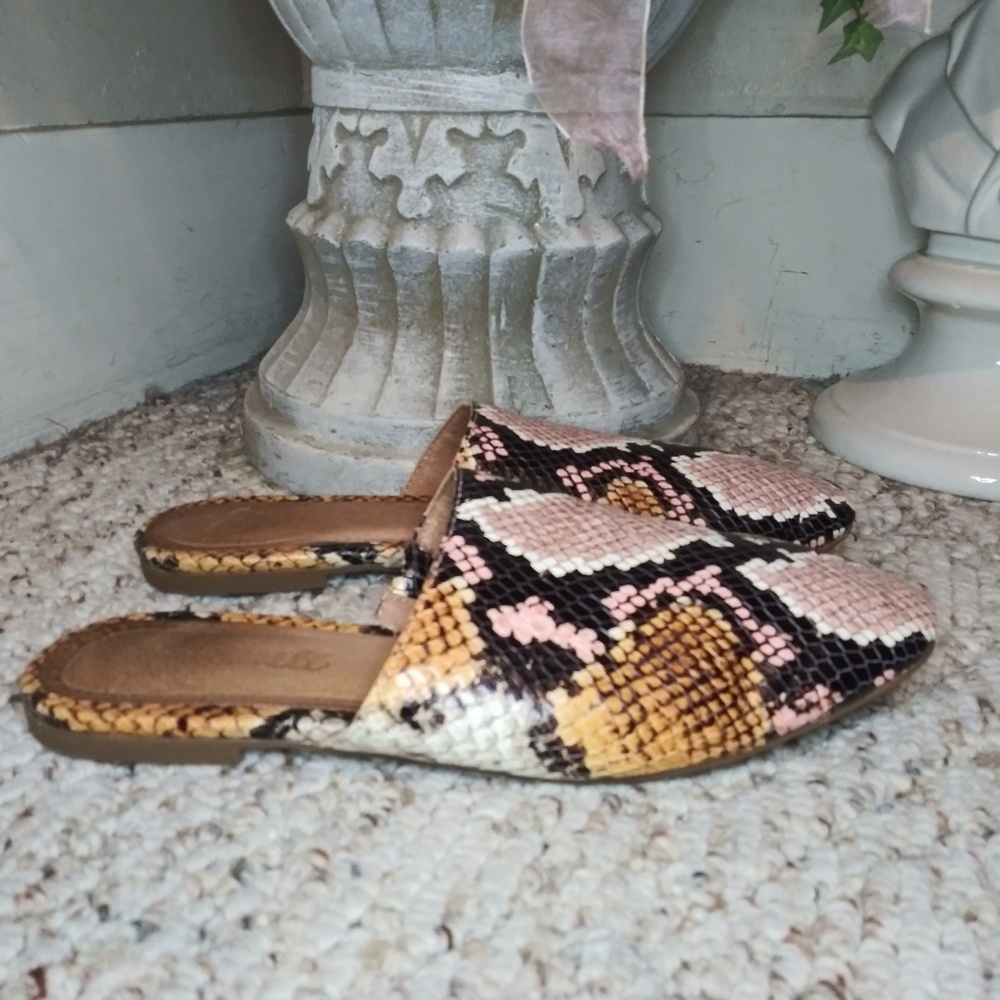 Madewell Cory Gold, Mauve & Black Snakeprint Almond Toe Leather Mules - Picture 3 of 9
